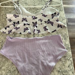 Romwe Lavender high-waisted bikini bottoms and white bikini top with butterfly print #beachyvibes Photo 1