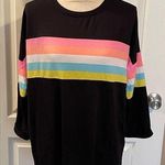 Crown & Ivy  Large Mid-Sleeve Shirt. Black with colored stripes. Like new. Photo 0