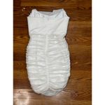 Michael Costello x REVOLVE ruched stain Bardot Mini Dress in Ivory small Photo 9