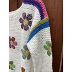 Duwaykam White Colorful Embroidered Flower Power Floral Knit Stripe Sweater Boho Photo 3