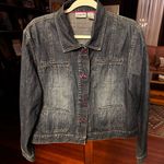 Chico's Lightweight Denim Jacket with removable Floral rhinestone Buttons Sz 12 L Photo 0