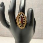 Statement Cocktail Ring Rectangle Red Gemstone Clear Crystal Accents Size 9.25 Gold Photo 1