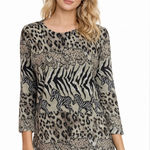 Vintage Safari Knit Top | Zebra Leopard Animal Print Long Sleeve Tan Size M Photo 0