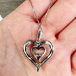 Diamond Double Heart Sterling Silver Box Chain Pendant Necklace Photo 5