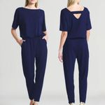 Clara Sun Woo Navy Crepe Open Back Short Sleeve Stretch Travel Jumpsuit Photo 1
