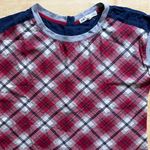 Jolt Plaid Cap Sleeve Contrast Button Back Top in Red/White/Navy/Gray - Medium Photo 1