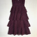Club Monaco  Women's Dress Sz 00 Burgundy Black Trim Lace Tiered Midi Photo 3