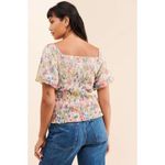 Anthropologie  Aurelia Smocked Top Floral Cream Size M Balloon Sleeve Ruching Photo 2