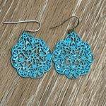 Beautiful Pierced Earrings Lace Like Open Metal Work Turquoise Colored Dangles Blue Photo 4