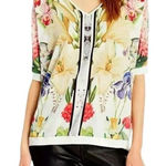 Ted Baker  Shirt Women Small Ivory Silky Floral Print Knit Back Half‎ Sleeve Top Photo 0