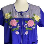 Vintage Embroidered Shift Dress M Blue Floral Pockets Zip Front Short Sleeves Size M Photo 1