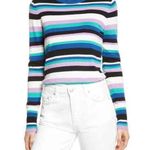 Halogen Freya Striped Crewneck Sweater XS Blue White Purple Button Long Sleeve Photo 0