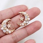 Crescent Gold Beaded Celestial Moon Earrings New Photo 3
