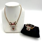 Betsey Johnson  Gold Tone Crystal Pave Red Nose Reindeer Pendant & Bracelet Set Photo 0