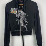 EXPRESS  Black Y2K‎ 2000s Graphic Print Full Zip Cropped Hoodie Sweater Photo 0
