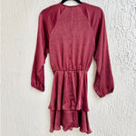 ZARA Balloon Sleeve Satin Silky Ruffle Mini Dress Burgundy Women's Size Small Photo 3