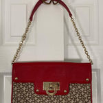DKNY Leather Signature Canvas Monogram Print Original Flap Chain Shoulder Bag Red Photo 0