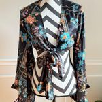 Black Bead  Black Flower Pattern Shug Bolero Top Tie Front Bell Sleeves Size M Photo 0