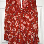 Privy Floral Print Mini Dress Long Sleeve Rust Red V Neck Ruffle Hem Small Photo 0
