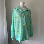 Vintage ‘80s Sea Green, White & Yellow Sheer Floral Print Button Down Blouse Green Size XL Photo 2