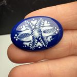 Cobalt Blue & White Enamel Floral Design Handcrafted Oval Metal Brooch Pin Photo 0