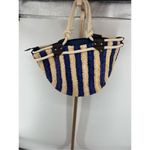 Sun N Sand Beach Tote Natural Navy Blue Stripe Woven Rope Handles Lined Zipper Photo 5