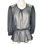 Fun & Flirt Black Sheer Mesh beaded Shoulder Cutout Back Peplum Top Sparkly NYE Photo 1