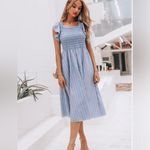 Simplee Apparel Simplee Ruffle Denim Linen Stripe Square Neck cotton Stretch Maxi Dress Pocket Photo 3