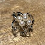 Sterling Silver Floral Cluster Saltwater Cultured White Pearls  Brooch Photo 3