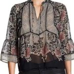 Lucky Brand Sheer Boho Floral Stripe Mix Print Bell Sleeves Front Tie Blouse S Photo 0