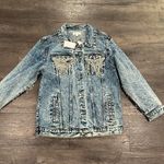 Paint the Town Large Rhinestone Jewel Fringe Acid Washed Denim Jacket Blue Photo 2