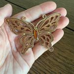 Vintage Beautiful Wooden Gold Style Brass Butterfly Brooch 1970s Signed LC Brown Photo 1