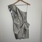 Saylor Woodgrain Jacquard One Shoulder Dress Silver Metal Womens New Small Photo 3