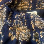 J.Crew  Blouse Large Navy Blue and Gold Floral Lined Flowy Detailed Neckline Photo 2