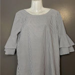potter's pot  Dress Womens Medium White Striped Ruffle Bell Sleeve Shift Mini Photo 0