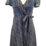 Anna Sui Wrap Mini Dress Short Sleeve Abstract Print Silk Blue Metallic Size 0 Photo 0