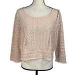 American Eagle  Large Crop Top Crochet Mesh Sheer 3/4 Sleeve Stretch Rear Button Photo 0