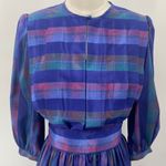 Vintage 80s Iridescent Plaid Fit & Flare Midi Dress Belted Long Sleeve Womens XS Blue Photo 2