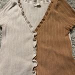 LA Hearts Beige/Brown Two-Tone Ruffle Trim Crop Button-Up Top Size S Photo 1