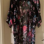 EXPRESS Long Floral Sheer Kimono Duster Cardigan Lace Trim Black Pink Size Small Photo 2