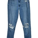 American Eagle  SZ 4 LONG Mom Jeans Hi-Rise Distressed Rip Zip-Fly Whiskered Blue Photo 0
