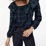 J. Crew Blackwatch Blue Green Flannel Squareneck Ruffle Top Size Small NWT Photo 0
