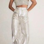 ZARA TRF MID WAIST LOOSE FOIL LONG WIDE LEG JEANS SILVER/White Size 4 NEW Photo 3