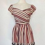 Anna Sui Beige Striped V-Neck Off The Shoulder Silk Dress Photo 0