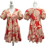 Hutch  Coral Plumeria Print Puff Sleeve Tiered V-Neck Mini Dress Preppy Coastal Photo 1