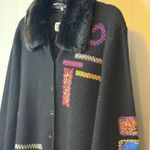 Chico's Artsy 100% Wool Silk Patch Cardigan Embroidered Button Up/Fur Collar M # Photo 3