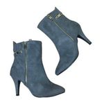 BELLINI Claudia Bootie Gray Suede Gold Zippers Booties Heels Size 8M Photo 0