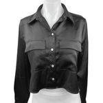 ZARA Black Silky Satin Button Down Collar Long Sleeve Pockets Crop Shirt Top S Photo 0