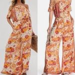 Free People  60s Inspired Carmen Flared Off Shoulder‎ Gold Floral Jumpsuit S Boho Photo 4