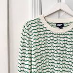 Lands' End  Green White Cotton Blend Pointelle Stripe Crew Button Trim Sweater MP Photo 3